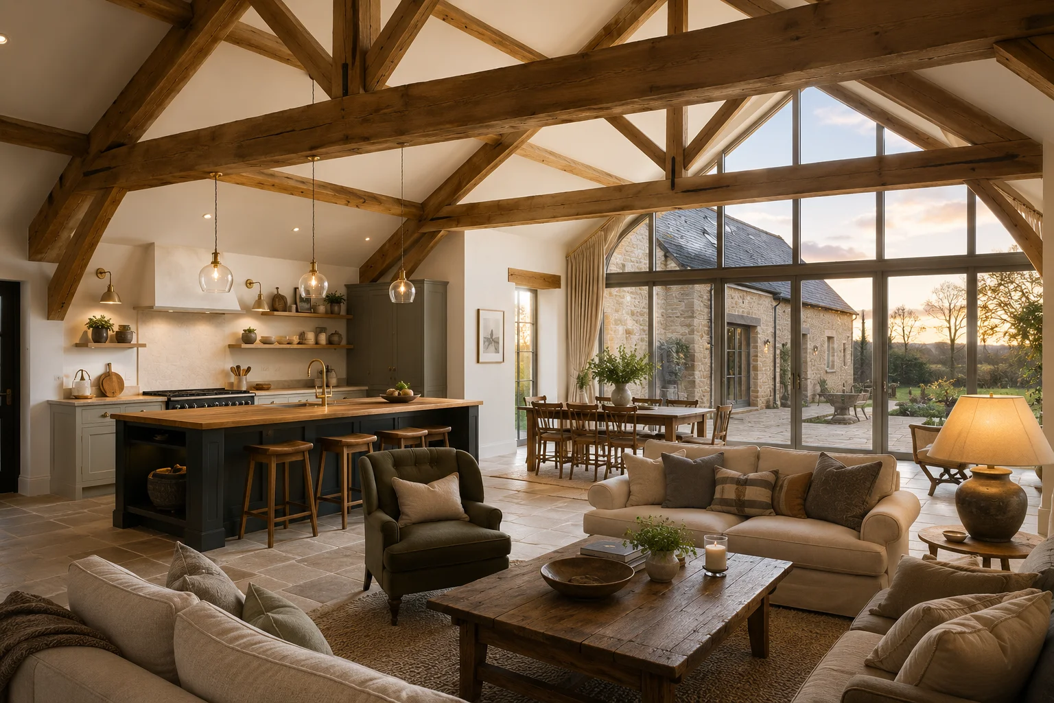 Barn conversion interior with exposed oak trusses and large glazing