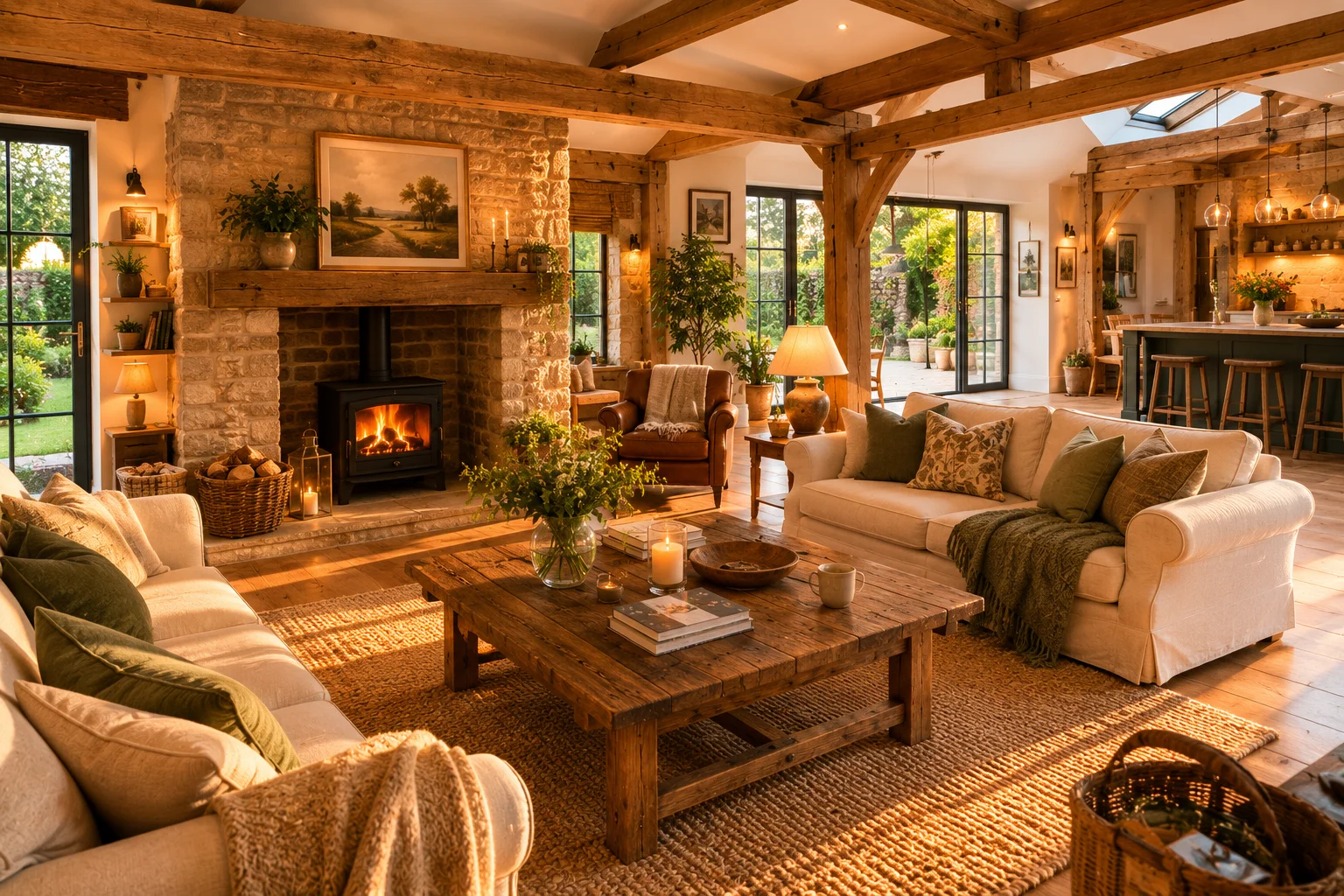 Warm renovated family living space with oak details and stone fireplace