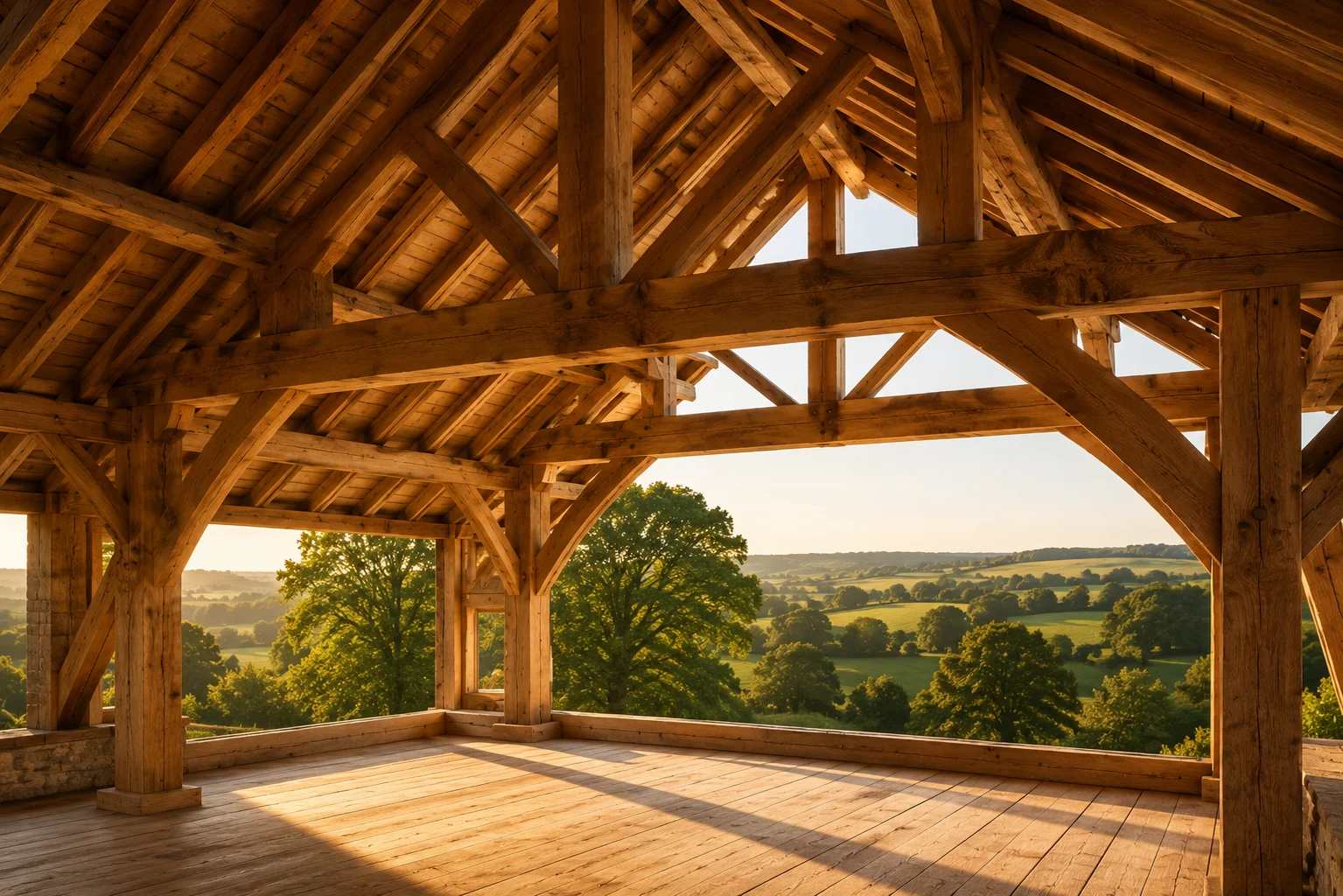 Oak roof structure with countryside views