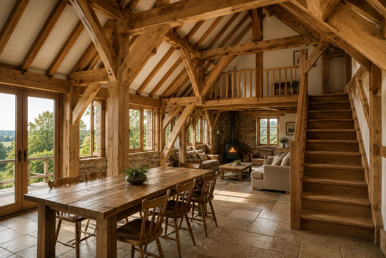 Oak framed interior with traditional timber craftsmanship
