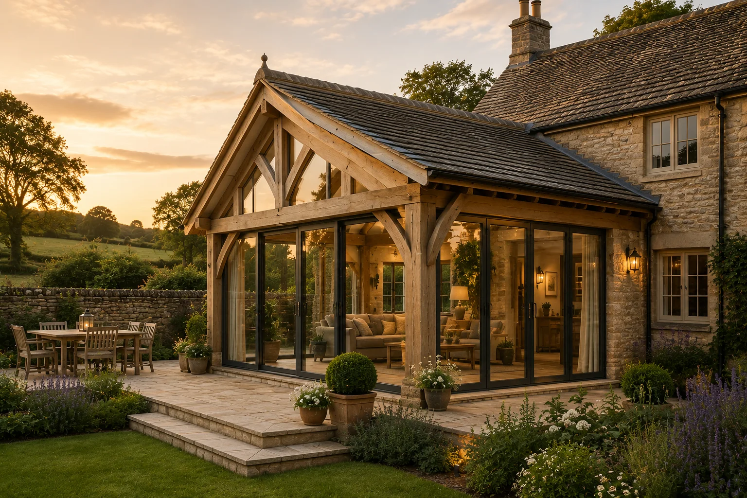 Oak framed garden room attached to a traditional property