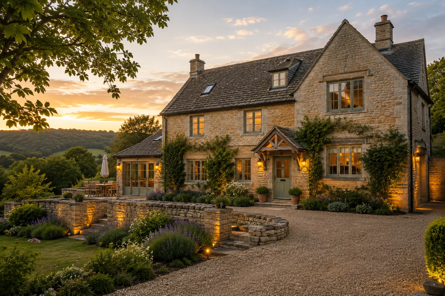 Renovated Gloucestershire stone home at dusk