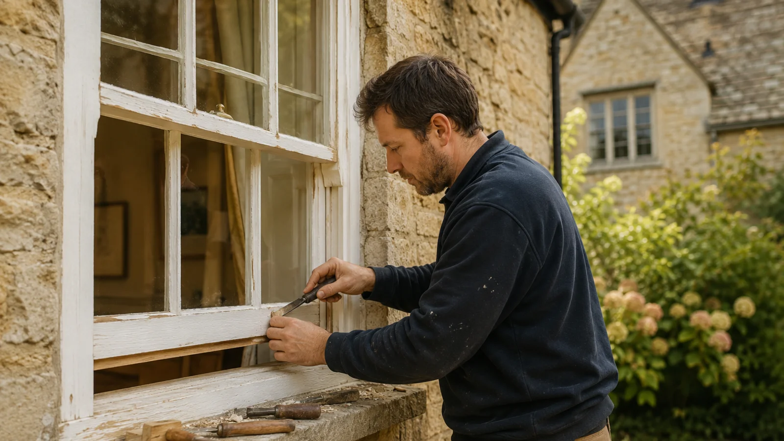 Traditional timber sash window in a period stone property