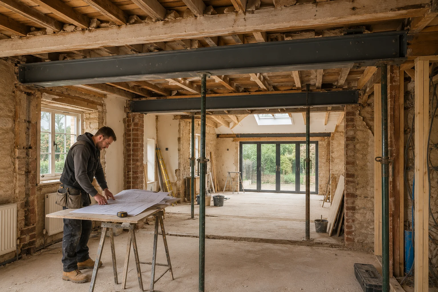 Structural renovation in progress with RSJs and exposed timber work