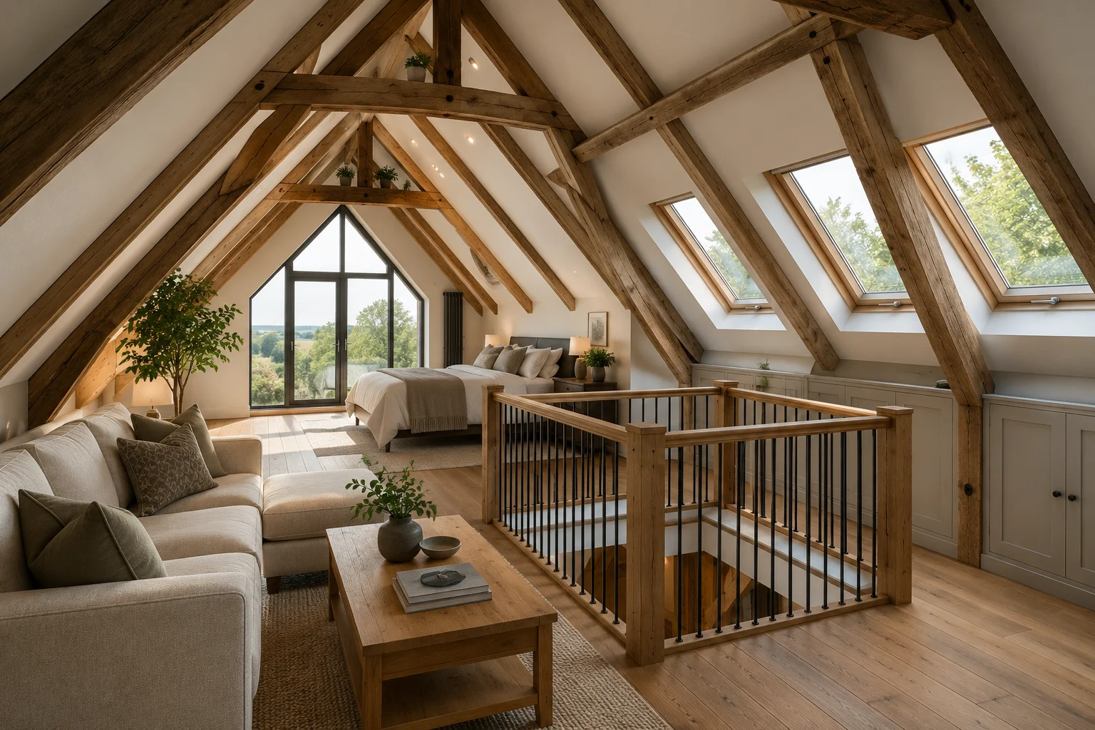 Vaulted loft conversion with exposed oak beams